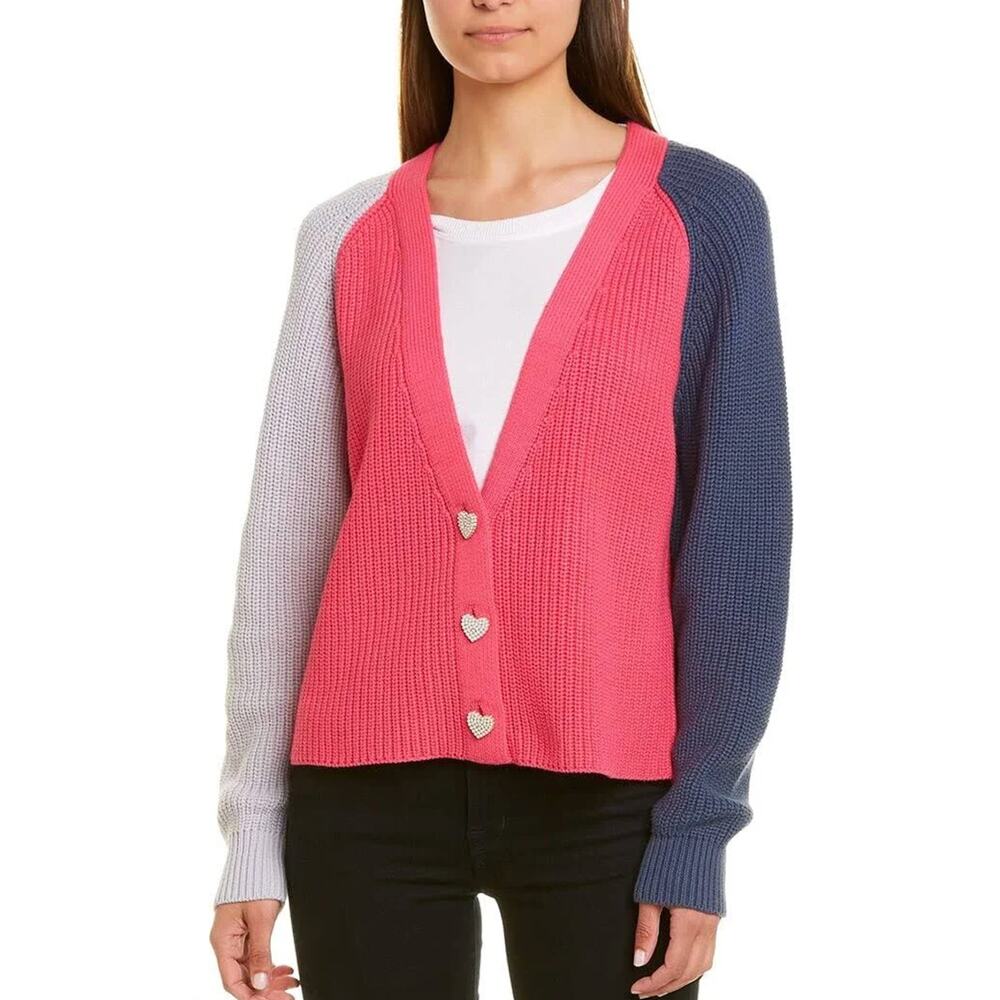 525 America Cardigan Sweater Size Med Pink Colorblock Knit Pearl Heart Buttons